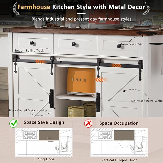 53.7" Farmhouse Kitchen Island with Power Outlet,2 Sliding Barn Door Storage w/Drop Leaf and Spice Rack Rolling Carts on Wheels & Metal Handle,for Home,Dining Room,White