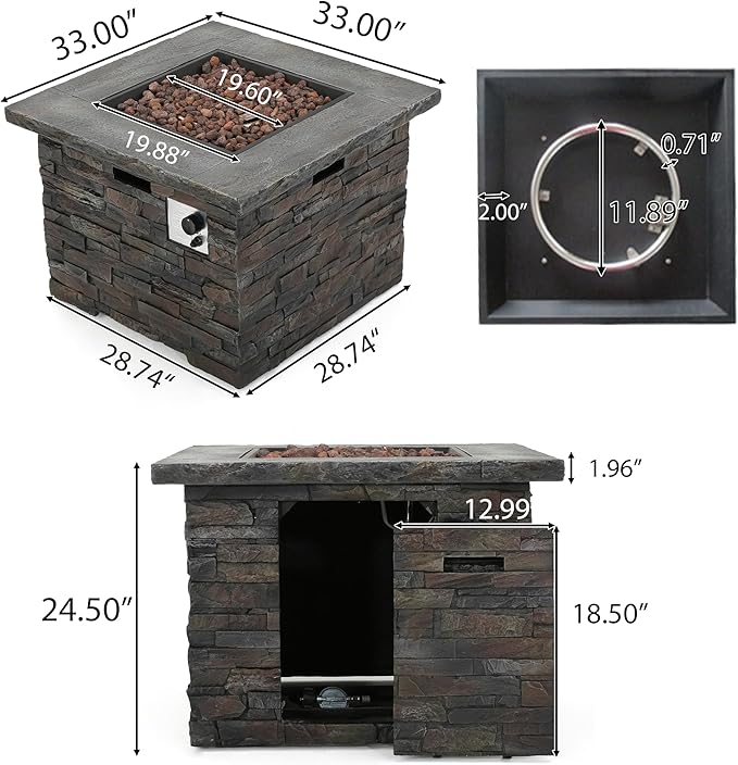 33'' Propane Fire Pit Table Hidden Tank Inside, 40,000 BTU Square Outdoor Gas Firepit with Auto-Ignition, Waterproof Cover for Patio Deck, Imitation Stone Concrete, CSA Certified, Gray