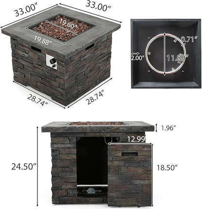 33'' Propane Fire Pit Table Hidden Tank Inside, 40,000 BTU Square Outdoor Gas Firepit with Auto-Ignition, Waterproof Cover for Patio Deck, Imitation Stone Concrete, CSA Certified, Gray