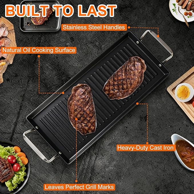 Pre-Seasoned Cast Iron Griddle for Gas Grill, 26.7"x8.6" Ribbed Flat Top Grill Plate for Double Burner, Durable for Gas/Electric/Charcoal Grills, for Stovetop, Camping & BBQ