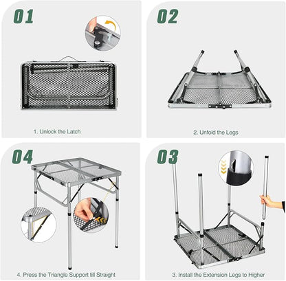 Portable Grill Table for Outside, Aluminum Folding Grill Stand Table for Outdoor Camping Picnic BBQ, Lightweight Adjustable Height, 24"x24"x9.8"/27" Sliver