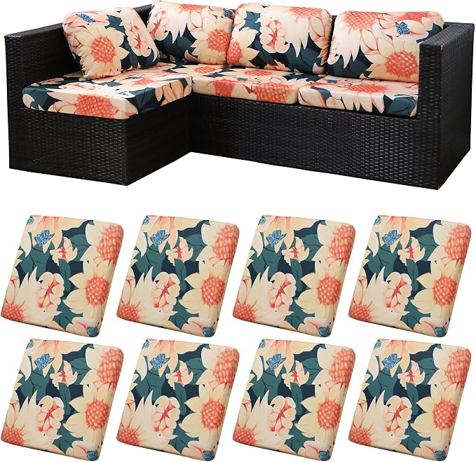 8Pcs Patio Cushion Covers, Outdoor Stretch Cushion Covers, Washable | Stretch Fit, Replacement, Washable and Reusable Furniture Protectors, Fits most patio furniture cushion covers, Cover Only