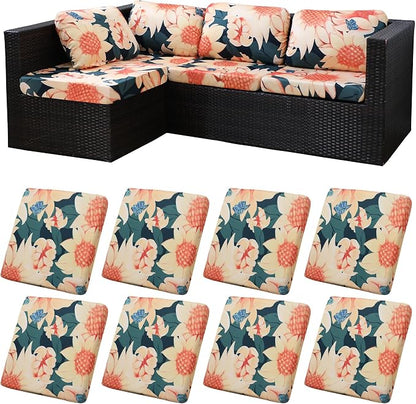 8Pcs Patio Cushion Covers, Outdoor Stretch Cushion Covers, Washable | Stretch Fit, Replacement, Washable and Reusable Furniture Protectors, Fits most patio furniture cushion covers, Cover Only