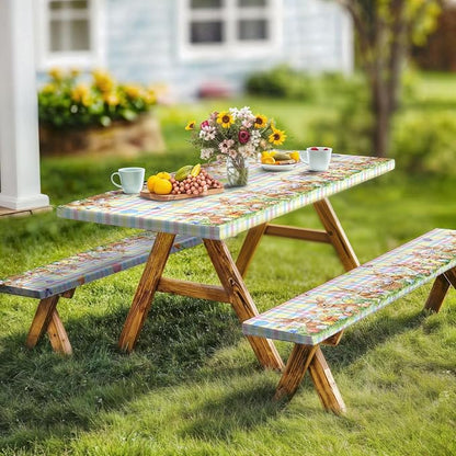 Easter Picnic Table Cover with Bench Covers, Camping Essentials, Easter Buffalo Plaid Bunny Eggs Flowers Outdoor Table Covers, Waterproof, Fitted Tablecloth Cover with Elastic Edge, 3 PCS, 30x72 Inch