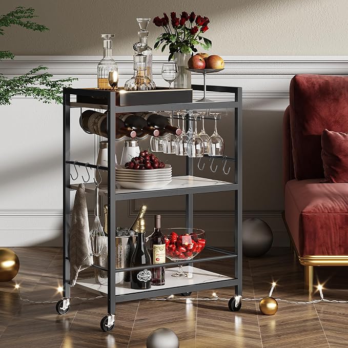 TUTOTAK Bar Cart with Wheels, Drink Cart with Wine Rack and Glass Holder | 3-Tier 23.7 Inch Wide Home Bar Serving Carts, Small Mobile Kitchen Shelf with 6 Hooks, Marble White BC01BM030