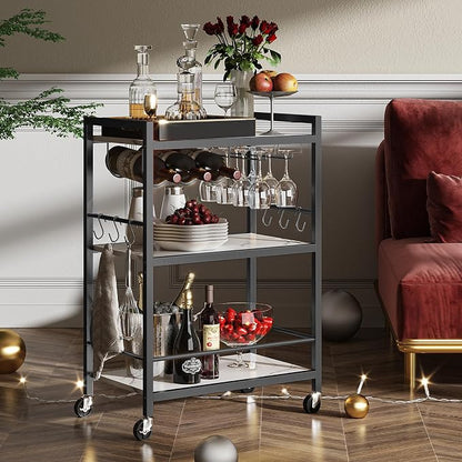 TUTOTAK Bar Cart with Wheels, Drink Cart with Wine Rack and Glass Holder | 3-Tier 23.7 Inch Wide Home Bar Serving Carts, Small Mobile Kitchen Shelf with 6 Hooks, Marble White BC01BM030
