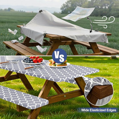 Smiry Picnic Table Cover with Bench Covers, Waterproof Elastic Fitted Tablecloth for 6 Foot Tables, Washable Polyester Tablecloths for Camping, Indoor & Outdoor (Grey, 30x72 Inch 3-pc Set)