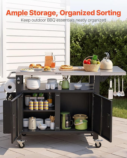 VEVOR Outdoor Grill Cart with Storage Cabinet, 55.1 Inch Grill Table, Waterproof Kitchen Island with Stainless Steel Top, Shelf, and Wheels, Movable Food Prep Station for Patio Bar Backyard BBQ