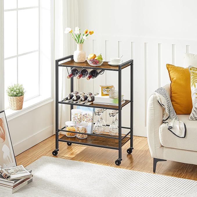 HOOBRO Bar Cart, 3-Tier Coffee Cart with Wheels, Kitchen Cart, Wine Cart with Wine Rack and Glass Holder, Rolling Serving Cart for Home, Living Room, Party, Bar, Rustic Brown and Black BF35TC01G1