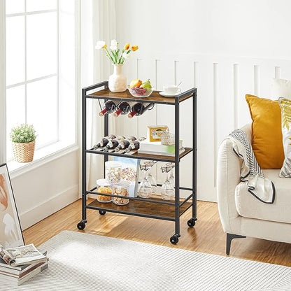 HOOBRO Bar Cart, 3-Tier Coffee Cart with Wheels, Kitchen Cart, Wine Cart with Wine Rack and Glass Holder, Rolling Serving Cart for Home, Living Room, Party, Bar, Rustic Brown and Black BF35TC01G1