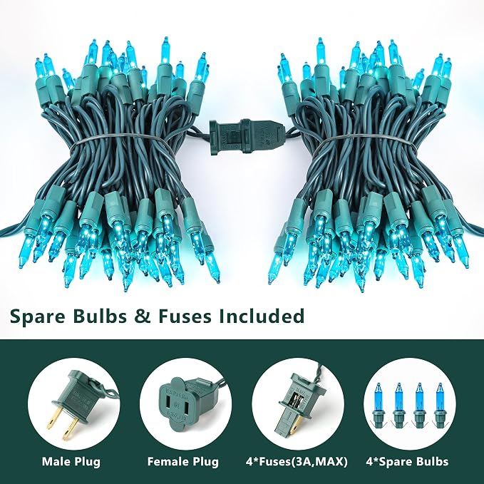BrizLabs Teal Christmas Incandescent String Lights Outdoor 300 Count 69.6ft | Connectable; Green Wire; UL Certified; Waterproof Mini Xmas Tree lights for Indoor Outside Holiday Party Garden Patio Decor