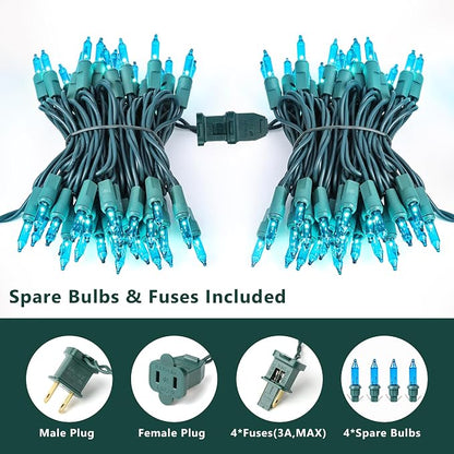 BrizLabs Teal Christmas Incandescent String Lights Outdoor 300 Count 69.6ft | Connectable; Green Wire; UL Certified; Waterproof Mini Xmas Tree lights for Indoor Outside Holiday Party Garden Patio Decor