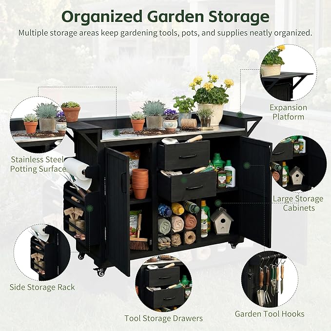 60.2-inch Mobile Outdoor Kitchen Island, Wooden BBQ Table with Stainless Steel countertop, Mobile BBQ Trolley with Storage Cabinet, 2 Storage compartments, Wine Rack and Spice Rack