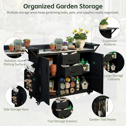 60.2-inch Mobile Outdoor Kitchen Island, Wooden BBQ Table with Stainless Steel countertop, Mobile BBQ Trolley with Storage Cabinet, 2 Storage compartments, Wine Rack and Spice Rack
