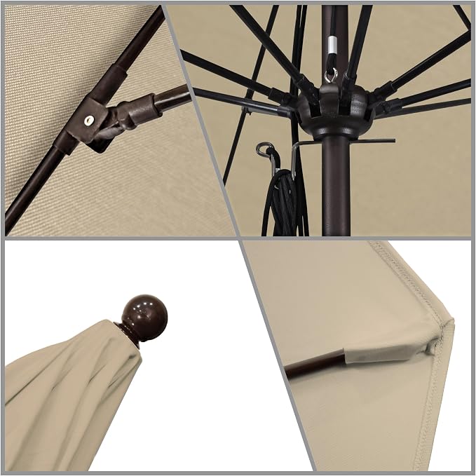 California Umbrella 11' Round Aluminum/Fiberglass Umbrella, Pulley Lift, Bronze Pole, Sunbrella Antique Beige