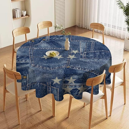 Denim Patchwork Style Round Tablecloth, Fashionable Blue Denim Jean Pocket Design Water Resistant Wipeable Table Cover for Farmhouse Picnic Party Holiday Kitchen Dinner Table 70"