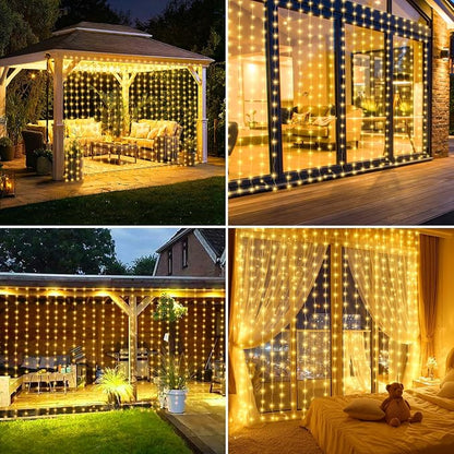 Upgraded Solar Curtain Lights 10x10Ft 300LED Solar Powered Waterfall Lights for Patio Gazebo Backdrop Wedding Party with USB Rechargeable Remote Timer Hanging Twinkle Fairy String Lights
