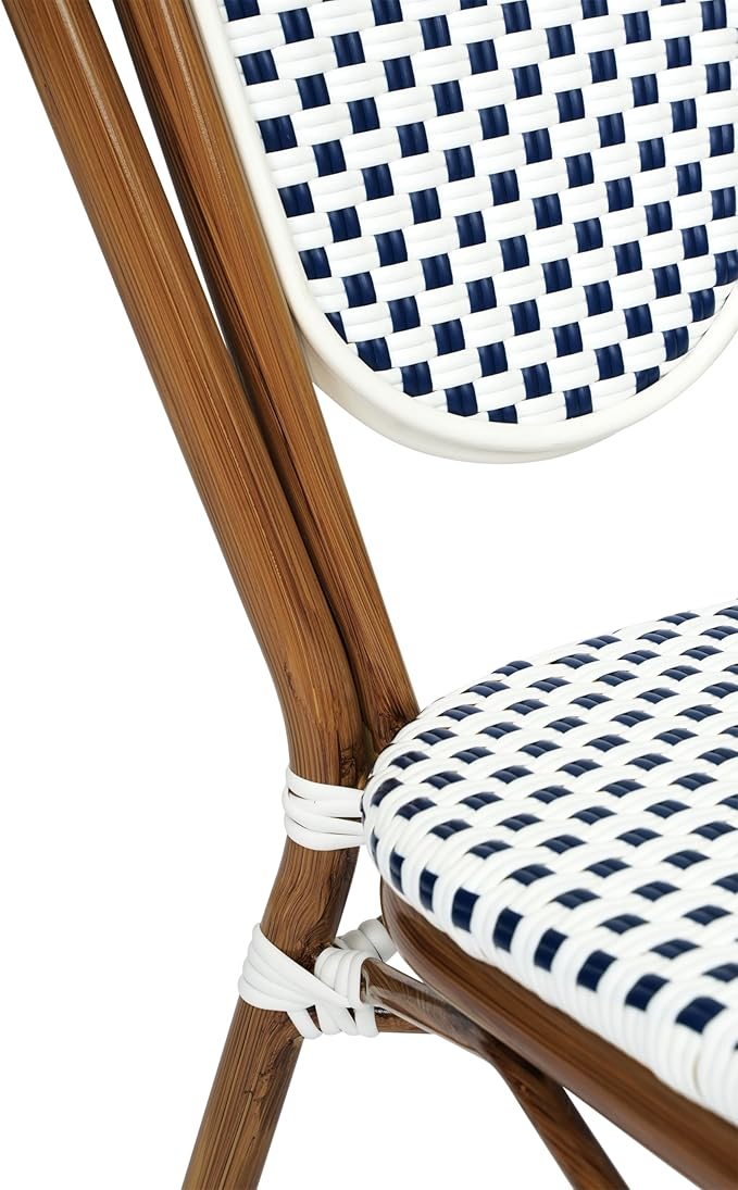 Flash Furniture Lourdes Indoor/Outdoor Commercial Thonet Bistro Stack Chair - White/Navy PE Rattan Back and Seat - Natural Bamboo Print Metal Frame