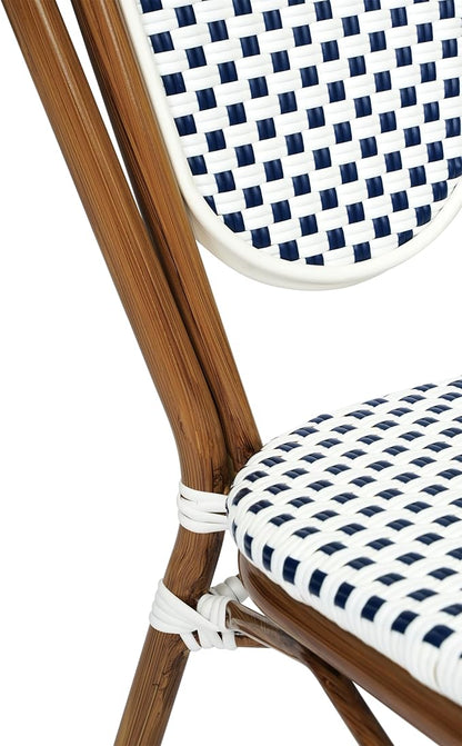 Flash Furniture Lourdes Indoor/Outdoor Commercial Thonet Bistro Stack Chair - White/Navy PE Rattan Back and Seat - Natural Bamboo Print Metal Frame