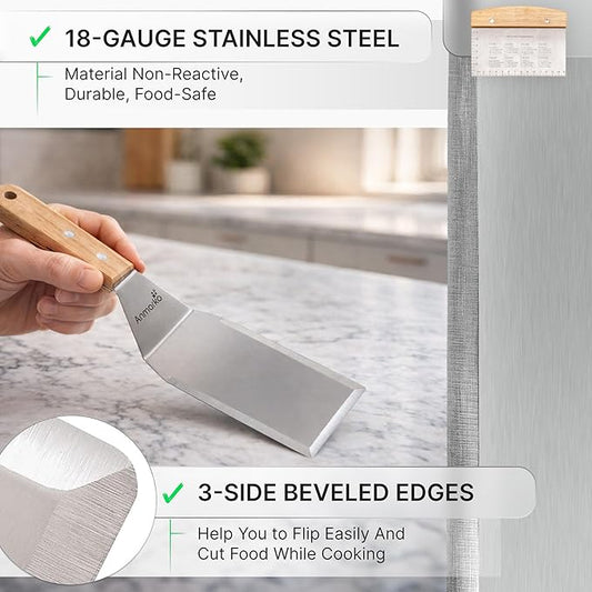 Anmarko Professional Griddle Spatula Set - Stainless Steel Metal Spatula and Griddle Scraper - Heavy Duty Commercial Grade
