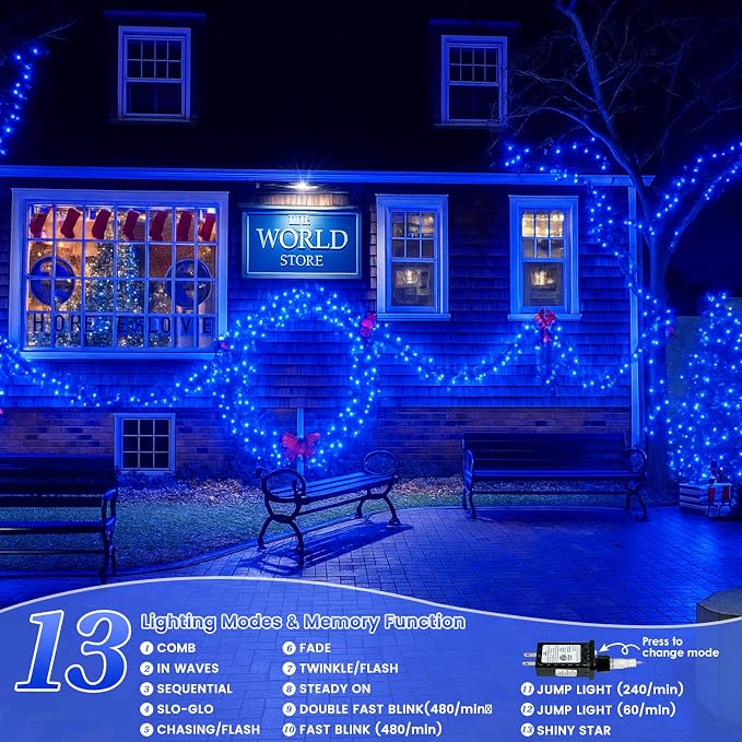 Upgraded Connectable 200 LED String Lights Indoor Outdoor, 66FT Blue Christmas Lights Waterproof, 13 Modes Twinkle Fairy Lights Plug in Clear Wire for Christmas Tree, Bedroom, Classroom, Wedding Decor