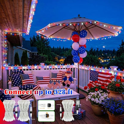 Red White and Blue String Lights, 66FT 200 LED 4th of July Lights Outdoor with 8 Modes, Waterproof Independence Decorations Lights for Indoor Memorial Day House Party Holiday