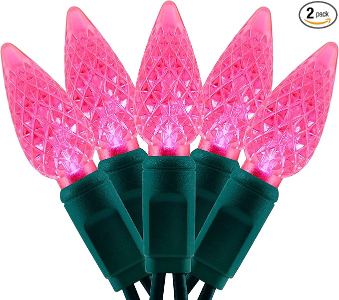 YULETIME Pink One-Piece C6 Strawberry Christmas Lights 140 Count 71 Feet, 2 Sets 70 LED 35.5 ft High Waterproof UL Certified String Light (Pink)