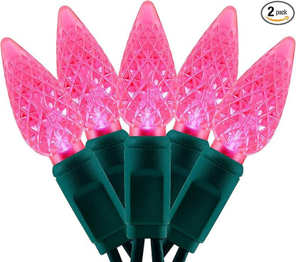 YULETIME Pink One-Piece C6 Strawberry Christmas Lights 140 Count 71 Feet, 2 Sets 70 LED 35.5 ft High Waterproof UL Certified String Light (Pink)