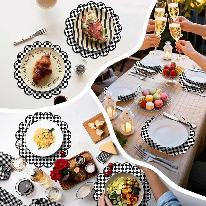 100Pcs Checkered Paper Placemats Black Gingham Place Mats 13.5 Inch Disposable Round Decorative Dining Table Mat with Scalloped Edge Paper Cutouts Decor for Picnic BBQ Table Party Supplies