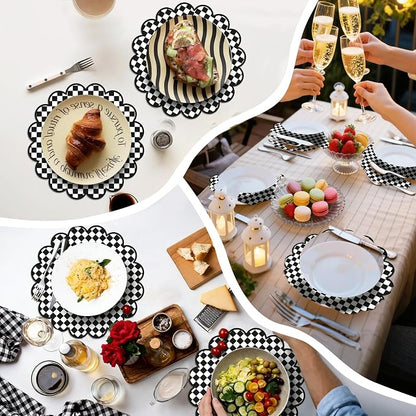 100Pcs Checkered Paper Placemats Black Gingham Place Mats 13.5 Inch Disposable Round Decorative Dining Table Mat with Scalloped Edge Paper Cutouts Decor for Picnic BBQ Table Party Supplies