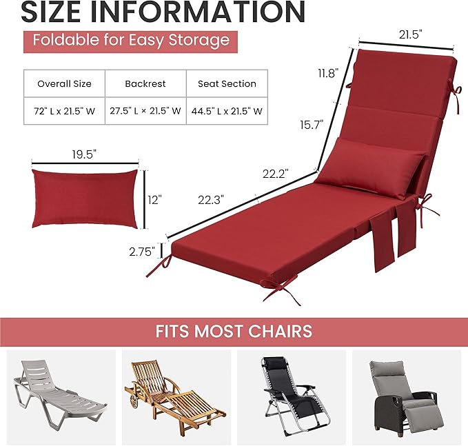 Crestlive Products Foldable Outdoor Chaise Lounge Cushions with Head Pillow and Side Pockets, Water Resistant & Fade Resistant Lounge Chair Cushion, 72''L x 21''W, Set of 2, Chili