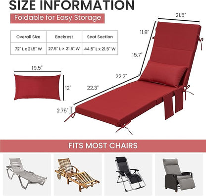 Crestlive Products Foldable Outdoor Chaise Lounge Cushions with Head Pillow and Side Pockets, Water Resistant & Fade Resistant Lounge Chair Cushion, 72''L x 21''W, Set of 2, Chili