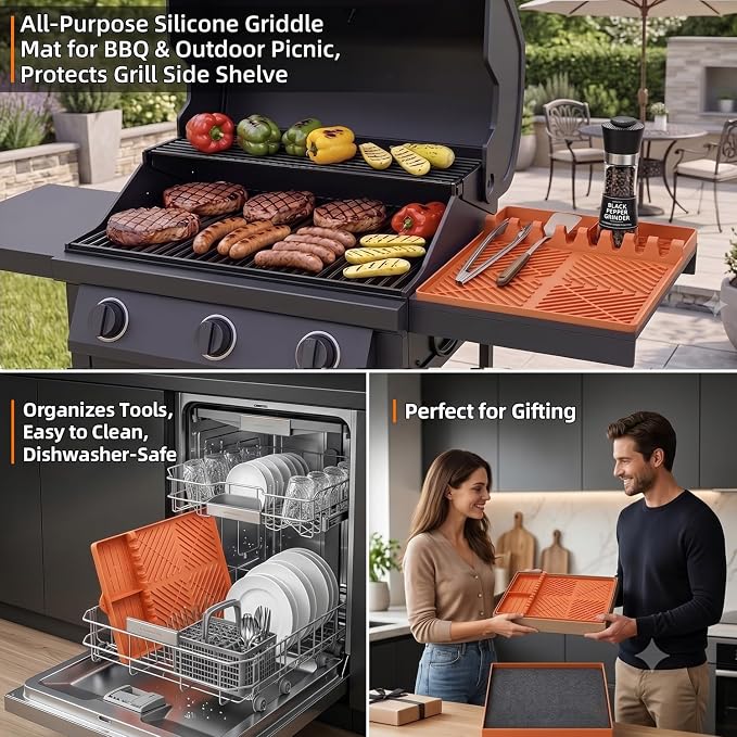 Silicone Grill Mat for Blackstone Griddle, 16x11.5 Extra-Thick Non-Slip Spatula Holder Mat with Grease Drip Pad, Heat Resistant BBQ Utensil Organizer for Side Shelf, Ideal Gifts for Men (Orange)