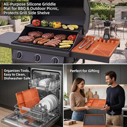 Silicone Grill Mat for Blackstone Griddle, 16x11.5 Extra-Thick Non-Slip Spatula Holder Mat with Grease Drip Pad, Heat Resistant BBQ Utensil Organizer for Side Shelf, Ideal Gifts for Men (Orange)