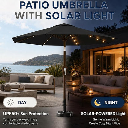 11FT Solar Patio Umbrella with Lights, Outdoor Table Market Umbrella with 32 LED Lights, 8 Sturdy Ribs, Smooth Crank Lift for Pool, Deck and Garden, UV-Resistant