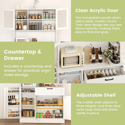 WAYTRIM Pantry Cabinet, White Kitchen Storage Cabinet with 4 Doors and Shelves, Kitchen Hutch Coffee Bar Cabinet with Drawers & Adjustable Shelves, Microwave Stand for Kitchen Dining Room Furniture