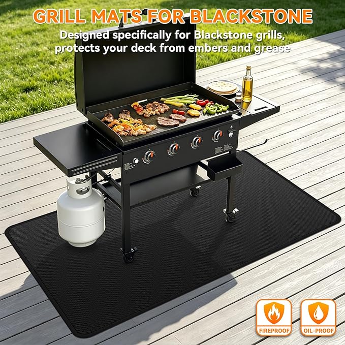 Under Grill Mats for Blackstone - 48 x 30 Inch BBQ Mats for Outdoor Grill Deck Protector, Double-Sided Fireproof Oil-Proof Waterproof Griddle Floor Mat for Outdoor Grilling, Easy to Clean