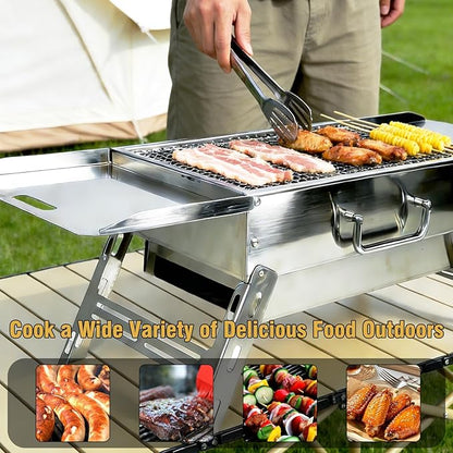 Portable Tabletop Charcoal Grill, Foldable Stainless Steel Mini BBQ Grill with Carry Bag, Lightweight Small Camping Picnic Travel Tailgating Patio Grill
