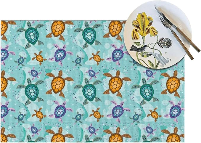Cute Sea Turtle Placemats Set of 4 Ocean Themed Decorative Table Mat | Washable Non-Slip Heat-Resistant Teal Nautical Linen Place Mats for Kitchen Dining Outdoor Party Home Decor 12"x18"