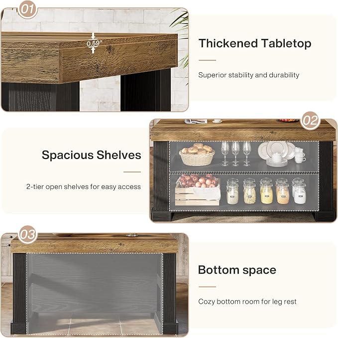 Tribesigns 55" Kitchen Island with Seating and Storage, 3-Tier, Farmhouse | Wood Stationary Island Table with Large Worktop & Legroom, Heavy Duty, Coffee Bar Table with Storage Shelf for Kitchen, Black