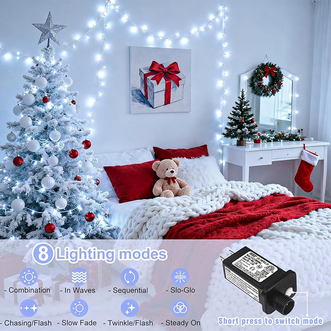 100FT 300 LED Outdoor String Lights, Connectable Christmas Lights Indoor Waterproof with 8 Modes, Plug in Twinkle Fairy Lights Clear Wire for Bedroom Home Wedding Patio Decorations, White