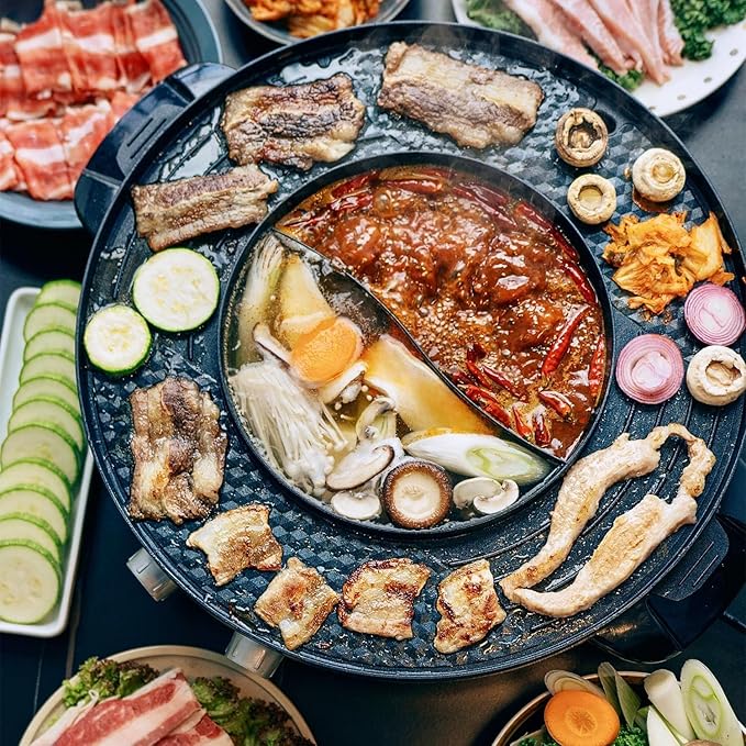 Food Party Hot Pot Electric Korean BBQ Grill Combo Hotpot Smokeless Indoor Grill 16.5" Detachable Easy Cleaning 110V 1800W Shabu Shabu Pot with Divider