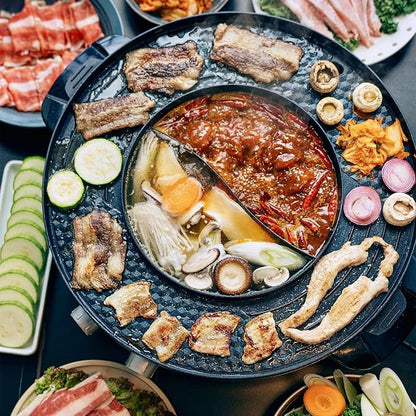 Food Party Hot Pot Electric Korean BBQ Grill Combo Hotpot Smokeless Indoor Grill 16.5" Detachable Easy Cleaning 110V 1800W Shabu Shabu Pot with Divider
