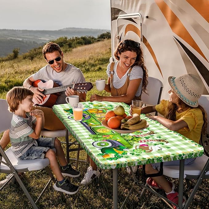 St. Patrick's Day Picnic Table Cover with Bench Covers, Camping Essentials, Plaid Truck Gnomes Clover Outdoor Table Covers, Waterproof, Fitted Tablecloth Cover with Elastic Edge, 3 PCS, 30x72 Inch