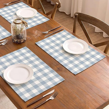 Dusty Blue Gingham Placemats Light Blue Checkered Table Mats for Boy Girl Baby Shower Birthday Party Dining Table Decorations (12" x 18")