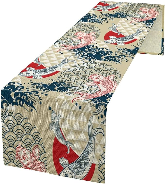 Koi Fish Table Runner Asian Chinese Japanese Wave Red Sun Seasonal Summer Holiday Dinner Runner for Farmhouse Kitchen Dinner Table Party Decoration 13x108in