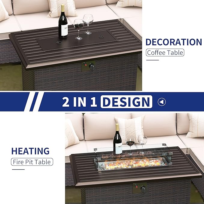Kullavik 43" Propane Gas Fire Pit Table 55,000 BTU Auto-Ignition Wicker ETL Certified Outdoor Fire Pits with Glass Wind Guard,Fire Glass,Slide Out Tank Holder,Lid,Waterproof Table Cover