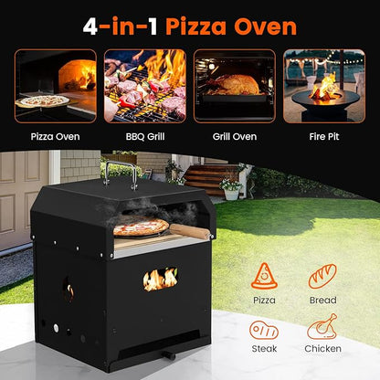 ORALNER Pizza Oven Outdoor, 4-in-1 Wood Fired Pizza Oven and Grill Combo W/ 12" Pizza Stone, Pizza Peel, Water-Proof Cover & Grill Grate, Portable Fire Pit Backyard Pizza Maker for Party, Camping