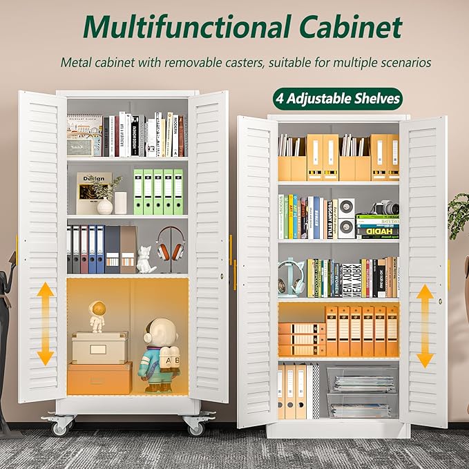 winiowa 71" Tall Metal Garage Storage Cabinet with Wheels, Steel Locking Rolling Tool Cabinet with 4 Adjustable Shelves for Garage,Home,Office (White)