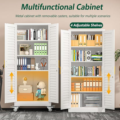 winiowa 71" Tall Metal Garage Storage Cabinet with Wheels, Steel Locking Rolling Tool Cabinet with 4 Adjustable Shelves for Garage,Home,Office (White)